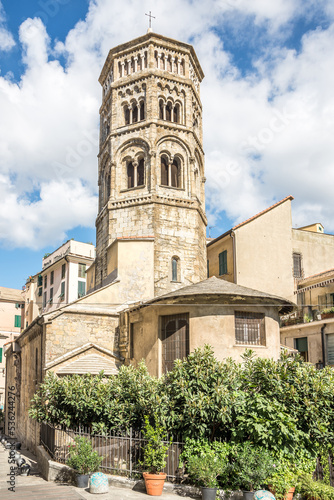 View at the Bell tower of San Agostino church in the streets of Genova - Italy photo