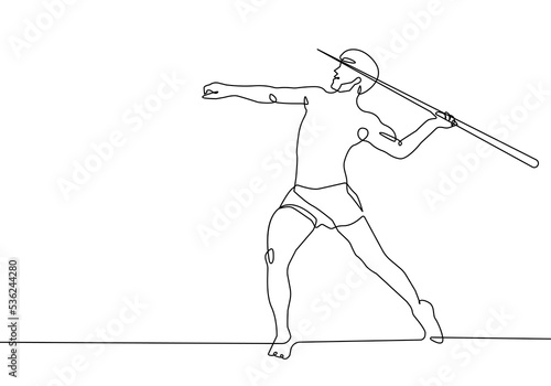 Male Javelin Thrower One Line Drawing. Man with Thrower Abstract Minimal Drawing. Continuous One Line Male Sport Illustration. Modern Trendy Contour Drawing. Vector EPS 10. 