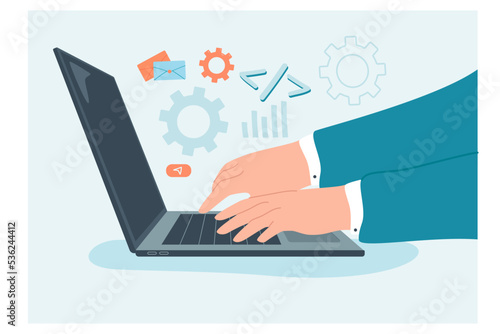Side view of businessman hands using open laptop. Hands of male business person in suit typing on keyboard, pushing keys and working flat vector illustration. Business communication technology concept