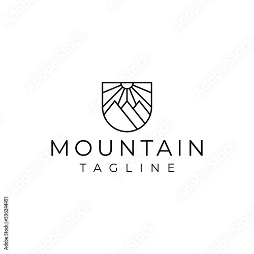 minimalist mountain peaks emblem shield logo design