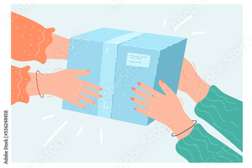 Hands of two women holding gift box together. Female friend giving surprise package, person moving box in hand flat vector illustration. Handing over parcel, fast address delivery service concept