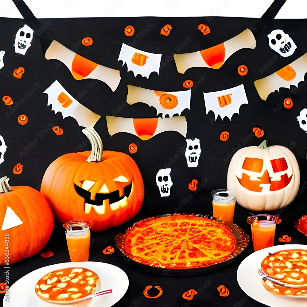 Fototapeta premium Fun Halloween dinner party, dark wood banner background. Above view. Pizza, spaghetti, snacks and spooky punch.