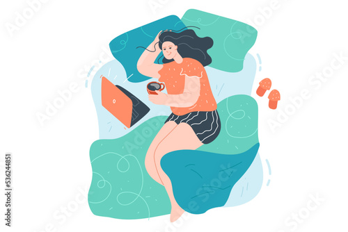 Woman relaxing with coffee and laptop in bed on weekend. Girl drinking tea or coffee, using laptop, watching movie in home bedroom, top view flat vector illustration. Cozy time, rest of Sunday concept