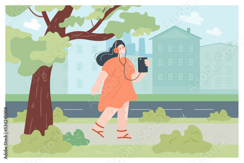 Happy city dweller in headset listening to music while walking. Girl with phone and headphones in street, hipster lifestyle flat vector illustration. Outdoor activity, recreation, youth concept