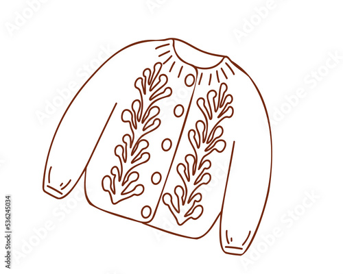 Hand drawn jumper or cardigan with floral embroidery. Linear, flat vector illustration in doodle style isolated on white background