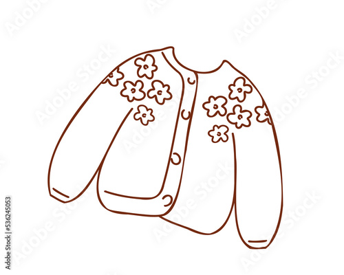Jumper or cardigan with floral embroidery. Hand drawn, linear, doodle style flat vector illustration isolated on white background