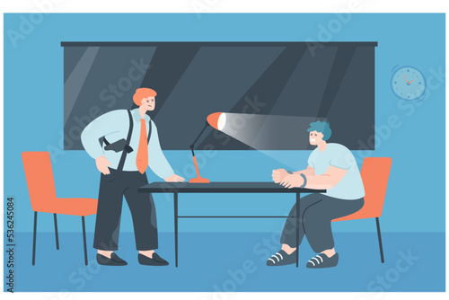 Police officer and suspect in interrogation room. Policeman interviewing criminal in handcuffs flat vector illustration. Crime, law, psychology concept for banner, website design or landing web page