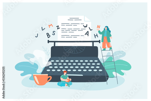 Creative tiny female author with typewriter writing novel. Woman writing story chapter, man reading book flat vector illustration. Literature, poetry, imagination concept for banner or website design
