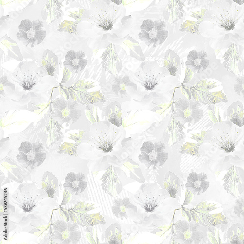 Seamless monochrome floral pattern with watercolor effect. Light gray background.