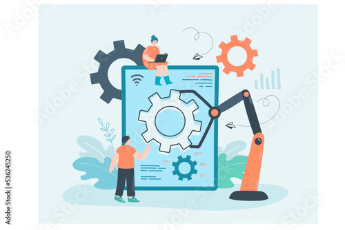 People using artificial intelligence as workforce in factories. Industrial resources and equipment flat vector illustration. 21st century, digital era concept for banner or landing web page