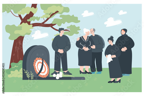 Sad family standing next to headstone with wreath and flowers. Cartoon people in mourning clothes grieving in front of tombstone flat vector illustration. Death, funeral, family concept for banner