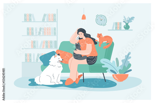 Female cartoon owner sitting on couch with cats and dog at home. Adorable scene in cozy living room with happy woman relaxing on sofa with domestic animals flat vector illustration. Pets, love concept