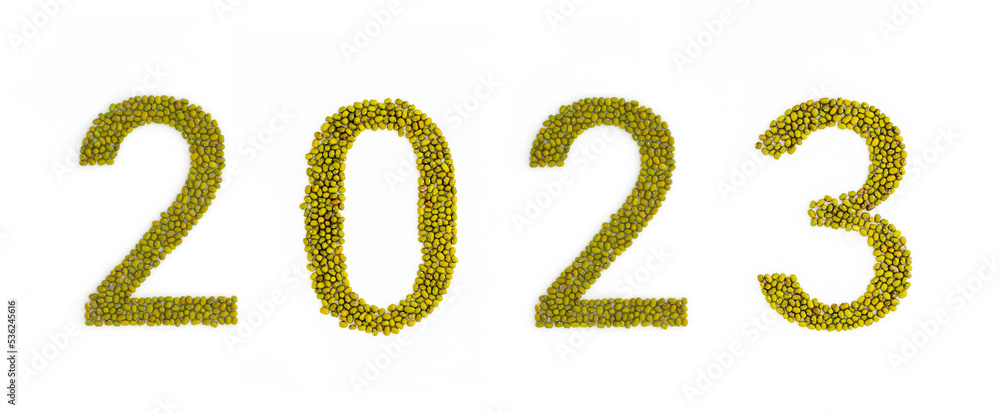 2023 headline made from mung beans. Green mung bean font. Alphabet made from green gram . White background. Dry green maash seeds 2023 headline made from mung beans. Green mung bean font. Alphabet made from green gram . White background. Dry green maash seeds