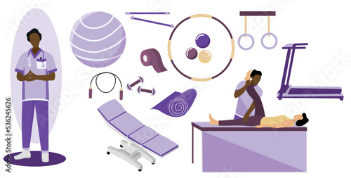 Physiotherapist and different items on white background