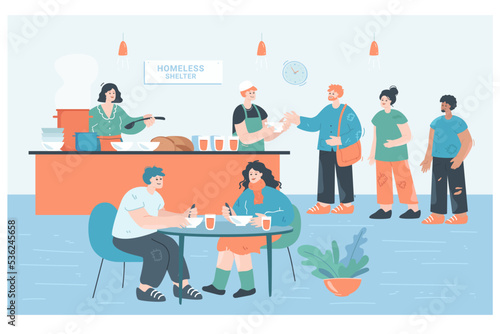 Poor people getting warm food and drinks at homeless shelter. Volunteers cooking for men and women, refectory flat vector illustration. Charity, poverty, assistance concept for banner, website design