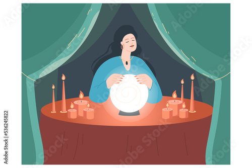 Female wizard predicting fate or future in dark room. Fortuneteller or seer with crystal ball on table flat vector illustration. Magic, astrology concept for banner, website design or landing web page