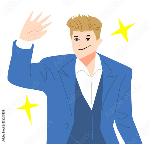celebrity waving hand. famous people. actor. neat clothes. camera flash. flat vector illustration