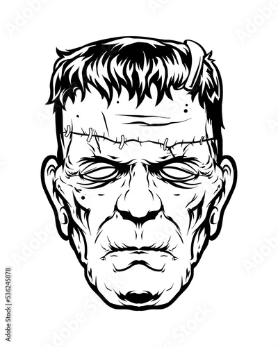 monochrome illustration of monster, frankenstein head. isolated on white backgraund. hallowen theme