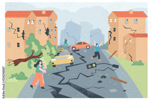 People running and screaming in street during earthquake. Road with clefts, destruction of houses and city buildings flat vector illustration. Nature, natural disasters, security or insurance concept