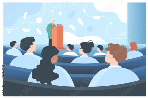 Doctor giving speech or making announcement to audience. Medical specialists on conference or seminar in auditorium flat vector illustration. Healthcare, medicine concept for banner, landing web page
