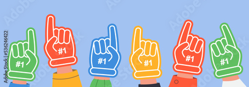 Support for football team from hands with fan foam fingers. Crowd of people wearing gloves of different colors at stadium flat vector illustration. Sports competition, enthusiasm, memorabilia concept
