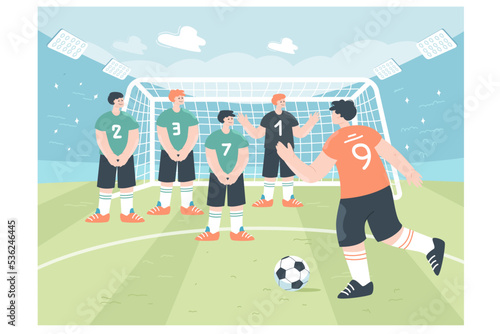 Football team and goalkeeper waiting for penalty kick. Soccer player kicking ball towards gate at stadium flat vector illustration. Sports concept for banner, website design or landing web page