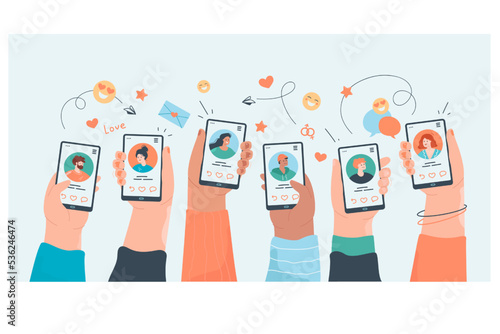 Hands of millennials holding phones with social media profiles. Young people or adults using online dating app, searching for match flat vector illustration. Love, romance, technology concept