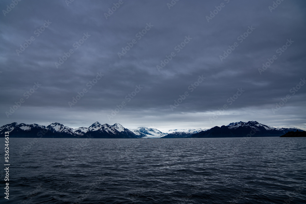 Panoramic views of glaciers under dramatic clouds in Kenai Fjords National Park Panoramic views of glaciers under dramatic clouds in Kenai Fjords National Park