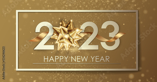 Happy New Year 2023 winter holiday greeting card design template. Party poster, banner or invitation gold glittering stars confetti glitter decoration. Vector background with golden gift bow