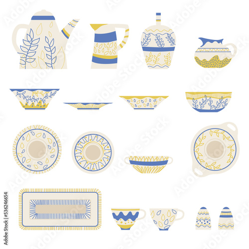 Collection of tableware items for home decoration on white background. Decorative mugs, bowls, jugs and dishes made of clay. Ceramic household pottery for kitchen cartoon vector illustration set