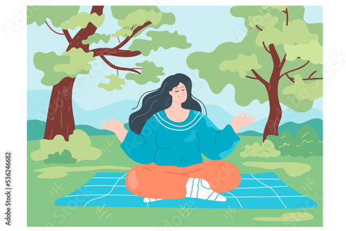 Cartoon woman forest bathing under trees. Female character finding balance by doing yoga outside flat vector illustration. Fitness, nature, health concept for banner, website design or landing page