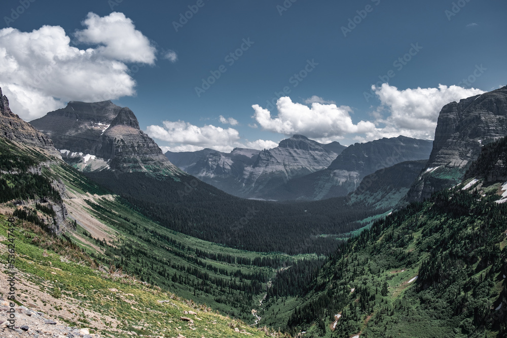 Panoramic views of lush Mountains and valleys of Glacier National Park, Montana 