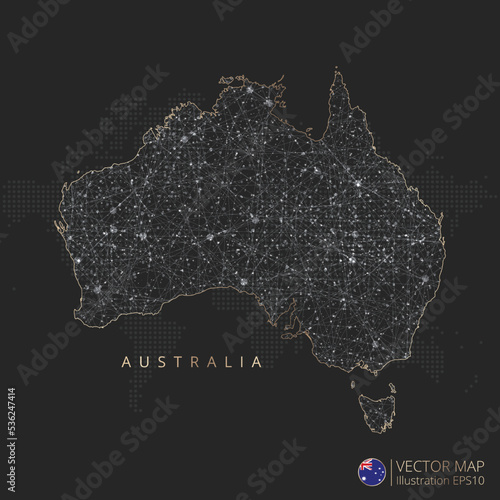 Australia map abstract geometric mesh polygonal light concept with black and white glowing contour lines countries and dots on dark background. Vector illustration
