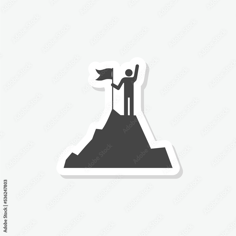Businessman standing on the top of mountain holding a flag icon sticker isolated on white background