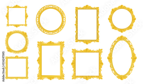 Gold old royal borders with floral ornament for pictures and photos on white background. Empty ornate frames cartoon vector illustration set. Antique art deco, victorian, rococo style, museum concept photo