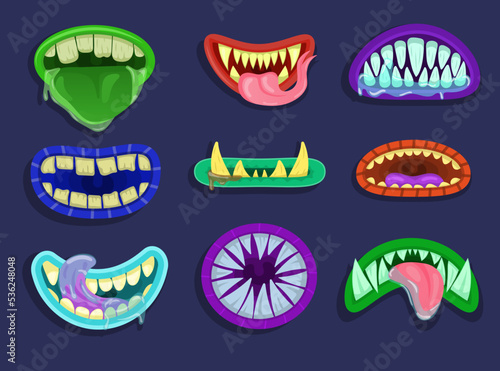 Colorful monster mouth cartoon vector illustration set. Cute and scary goblin, gremlin, aliens mouths with tongue, decayed sharp teeth, and slobber. Jaws collection of fanciful creatures for Halloween