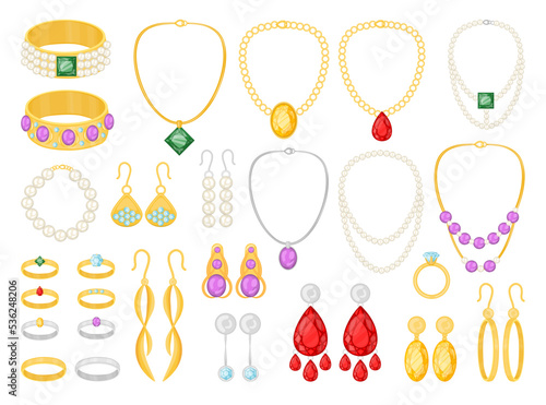 Different types of jewelry vector illustrations set. Collection of gold, silver, pearl jewellery: stone or diamond rings, earrings, pendants, bracelets for women. Accessories, wedding, fashion concept