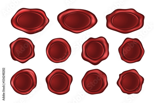 Antique wax stamps in shape of circle and oval on white background cartoon vector illustration set. Old wax seal stamp with plane heart and embossing border for certificate, envelope or scroll