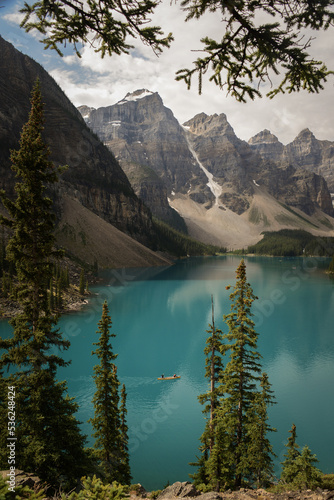 landscape and view of Lake Moraine  in Canada with boat