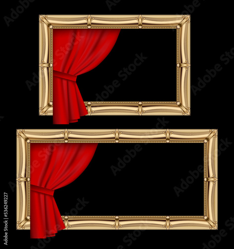 Two classic gold horizontal frames with a red curtain isolated on black background