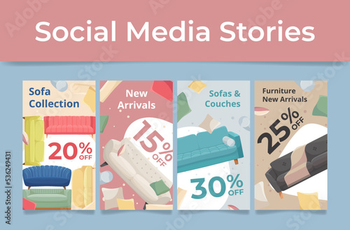 Furniture store new arrivals social media stories set vector illustration. Furnishing shop sale