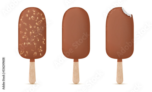 Popsicle ice cream in chocolate with nuts whole and bite off set realistic vector illustration
