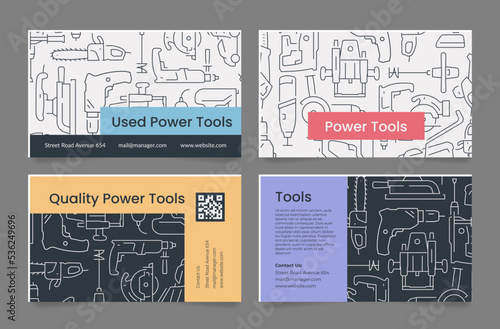 Power tools shop service business card set line vector illustration. Recovery renovation carpentry