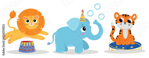 Cute cartoon animals of the circus. Circus performances with animals