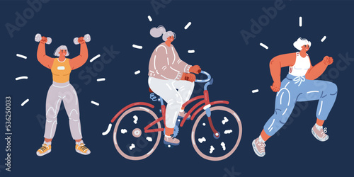 Cartoon vector illustration of Happy women in sports. Rides bike , mom runs in park, doing exersice with dumbell