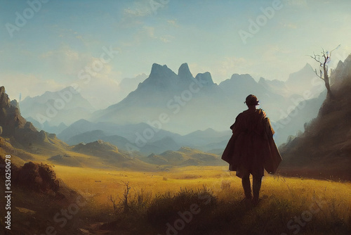 a man walking in the grass field near mountains digital art illustration