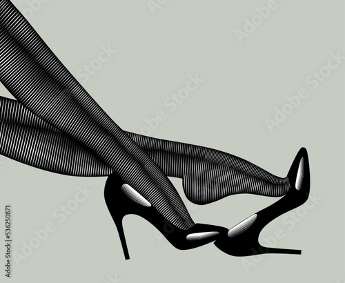 Engraved vintage drawing of legs of a woman in dark tights taking off shiny black high heel shoes