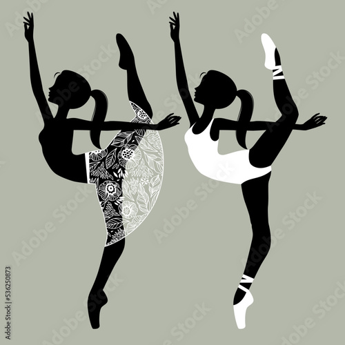 Two black silhouettes of beautiful dancing girls in white ballerina dresses