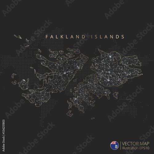 Falkland Islands map abstract geometric mesh polygonal light concept with black and white glowing contour lines countries and dots on dark background. Vector illustration
