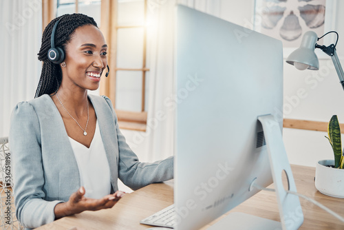 Telemarketing, computer video call and black woman consulting, give sales pitch or doing work from home. Happy, headset and remote call center consultant in communication for online help desk support